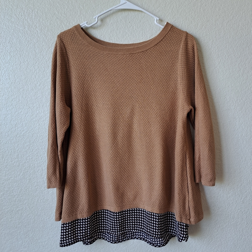 Womans Tan Waffle Knit Layered Split Back Sweater Size Medium